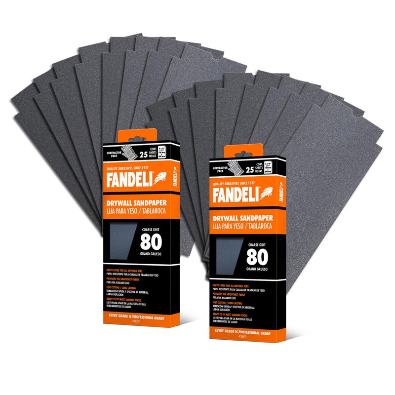 Fandeli | Multi-Purpose Sanding Paper | Grit 80 | 50 Sheets of 4-1/4 in.x 11 in | Perfect for Sanding Drywall | Hand Sanding | Orbital Sanders | Sandpaper Sheets | Sandpaper Grit. - Image 1